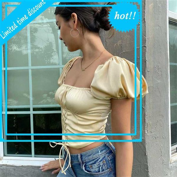 

2021 spring women puff sleeve crop square collar party club elegant lady slim lace-up exposed navel t-shirt tee, White