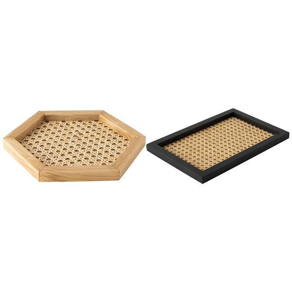 

kitchen storage & organization 2pcs rattan woven tray wooden handmade ins wind geometric ornament key tray, rectangular black hexagonal wood