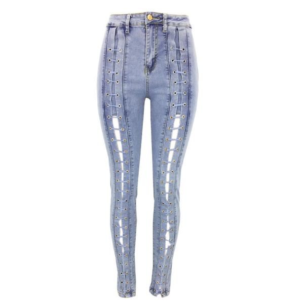 

women's jeans light blue bandage corns women lace up solid pencil pants