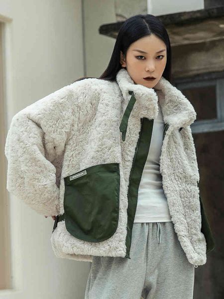

women's suits & blazers [eam] loose fit beige color-block big size lambswool jacket lapel long sleeve women coat fashion autumn winter, White;black