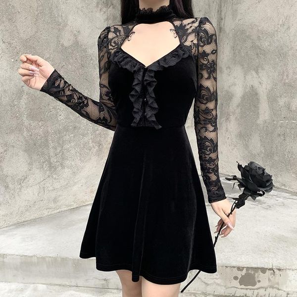 

casual dresses vintage elegant women black mini dress hollow out high waist patchwork sheer floral lace long sleeves ruffles party wear, Black;gray