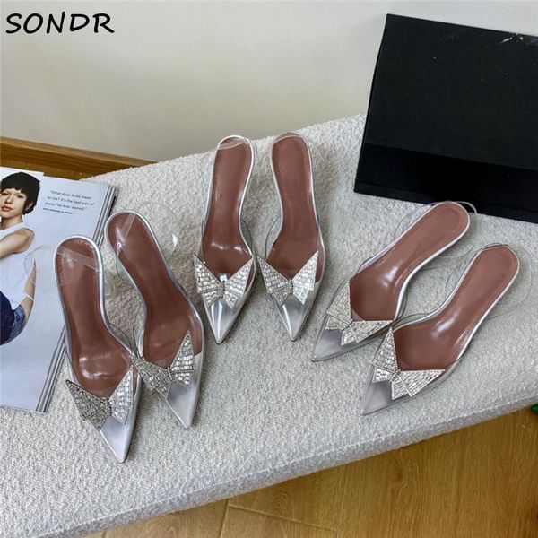 

sandals fashion women crystal bowtie transparent ladies pointed toe clear heel pumps design high heels wedding party shoes woman, Black