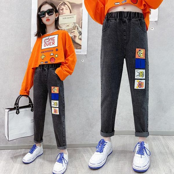 

2021 spring autumn girls jeans cartoon print denim pants for girls kids wide leg casual trousers children streetwear clothes, Blue