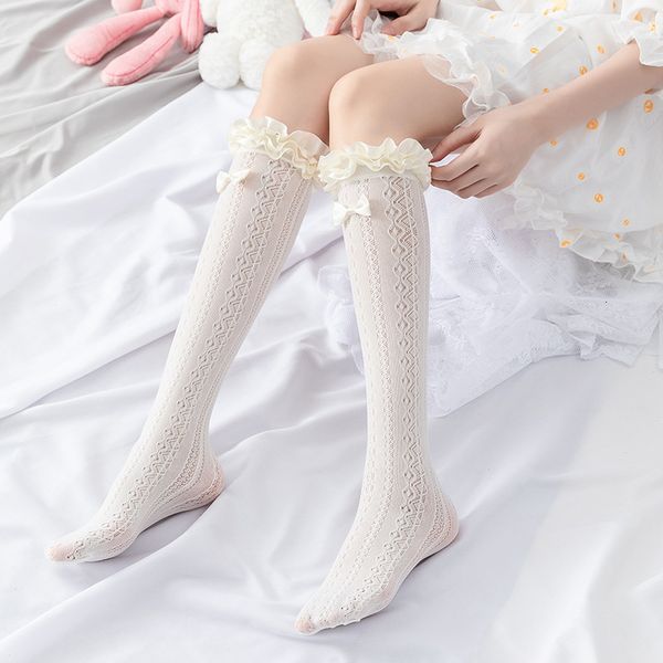 

bow white lace middle tube over knee pile lolita net red jk calf sock, Black;white