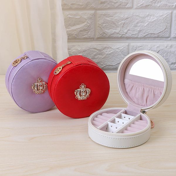 

korean crown portable simple ring earrings pu leather jewelry box, Silver