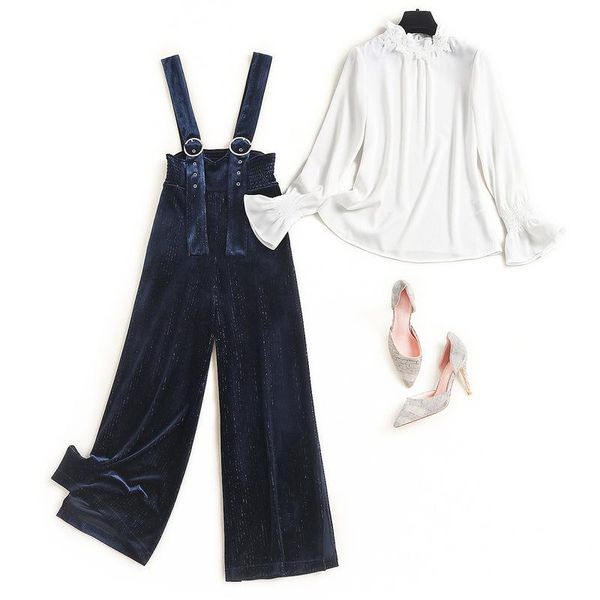 

fashion gold velvet chinos 2021 autumn new arrivals scalloped collar shirt jumpsuit two piece set 15281 ensemble femme, White