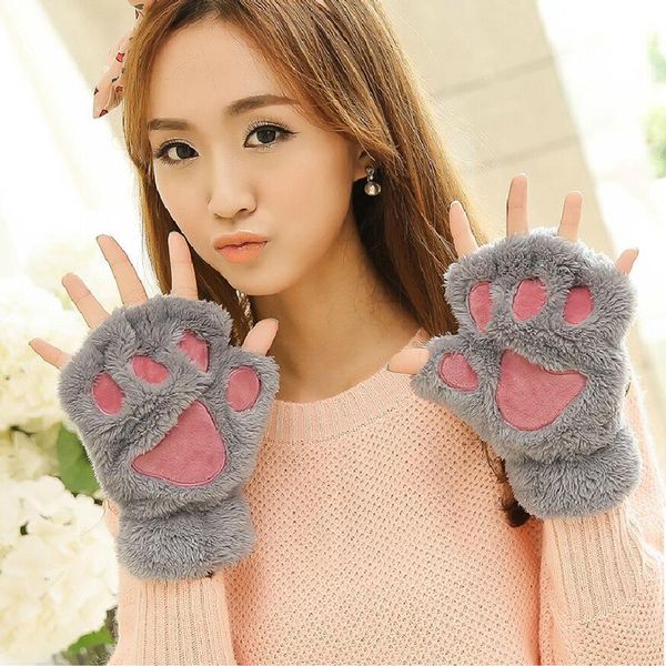 

sports gloves cat's ladies winter korean cute girls fingerless thick warm bear's plush half-finger fashion, Black