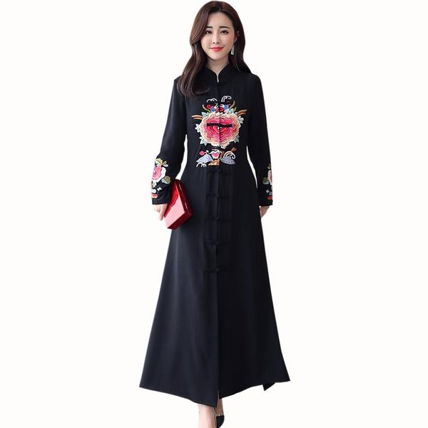

casual dresses black embroidery ankle-length dress women chinese style long sleeve stand spring vintage single-breasted, Black;gray