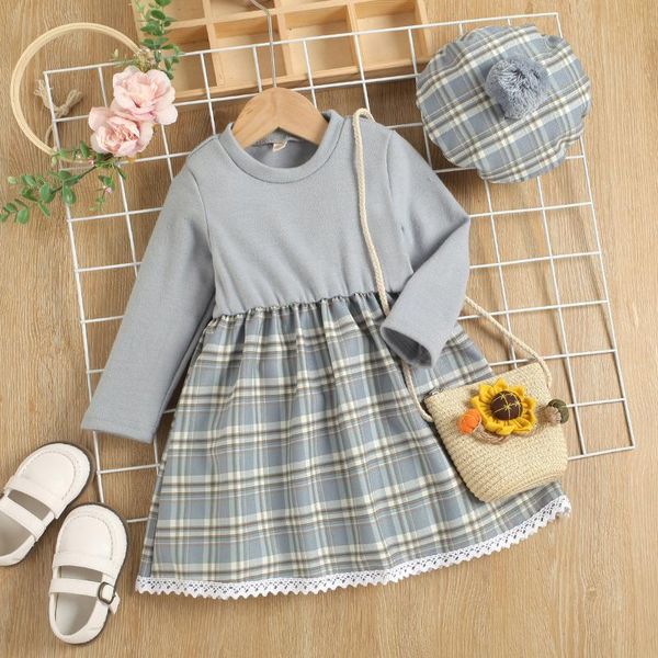 

girl's dresses 2pcs kids girls autumn dress baby clothes long sleeve plaid a-line with berets hats children princess sets, Red;yellow