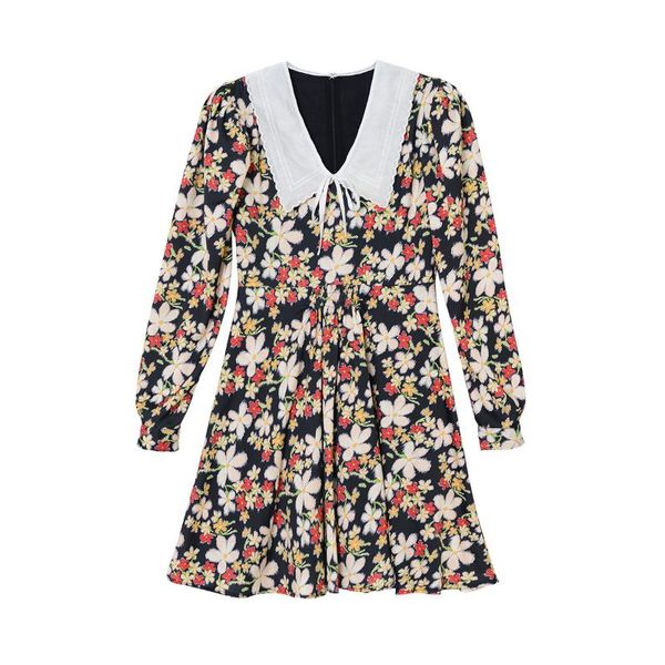 

casual dresses 2021 spring and summer women's wear floral sweet doll collar show thin temperament commuter bubble sleeve dress, Black;gray