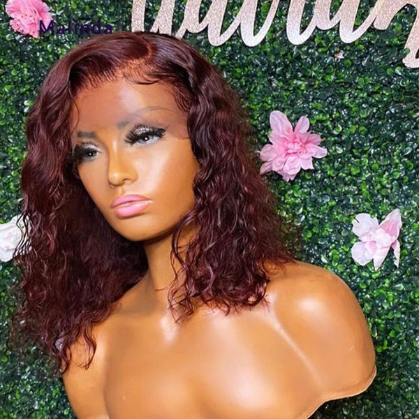 

lace wigs 99j curly front human hair wig 150% density short bob pixie cut red frontal t part, Black;brown