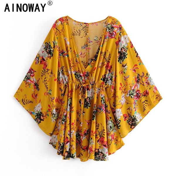 

vintage chic women yellow floral print deep v-neck bohemian mini dress ladies batwing sleeve rayon short dresses vestido, Black;gray