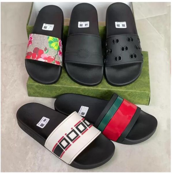

rubber slide sandals with box new flowers brocade women's slippers flat bottom herringbone slippers women's1 fashionable striped b, Black