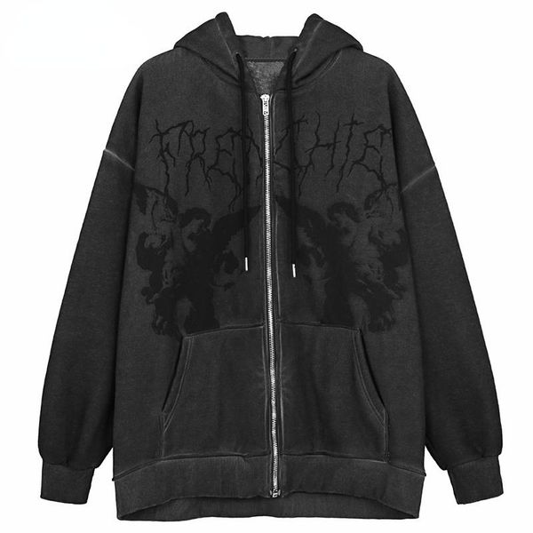 

men's down & parkas men hip hop streetwear hooded jacket angel dark print coat harajuku cotton fleece autumn winter outwear zipper, Black