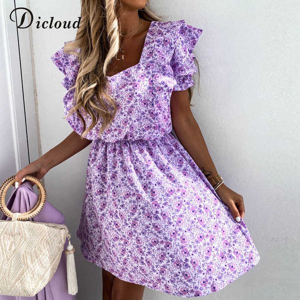 

dicloud boho floral summer dress elegant lilac light beach short sundress v neck ruffle print party clothing female 210608, Black;gray