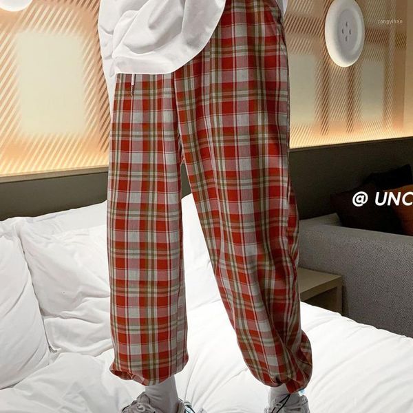 

straight trousers mens m-5xl autumn plaid pants men's fashion retro drawstring casual men streetwear wild loose hip-hop, Black