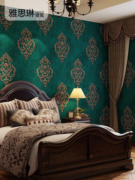 

wallpapers 3d stereo pressed european style peacock green wallpaper luxury non-woven damascus bedroom tv background