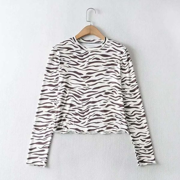 

vip2021 new spring stripe print round neck pullover short slim long sleeve bottomed t-shirt, White