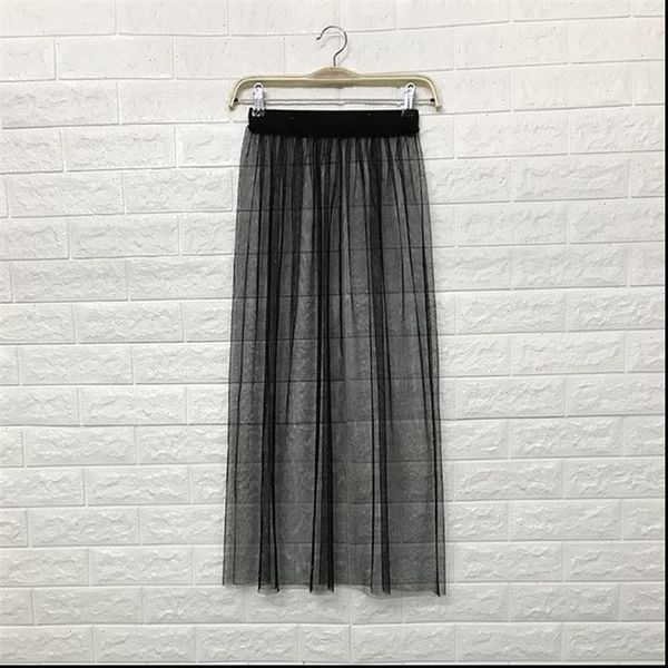 

women long skirt summer korean ladies boho vintage high waist tulle mesh lace clear black midi skirts female