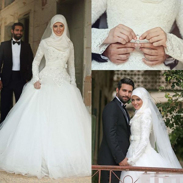 

2021 muslim long sleeves wedding dresses bridal ball gown lace applique jewel neck custom made plus size chapel satin beaded tulle floor len, White