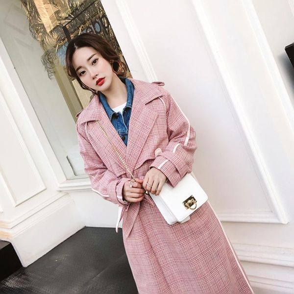 

women's trench coats pink plaid long coat female over the knee spring belt korean version of wild loose leisure, Tan;black