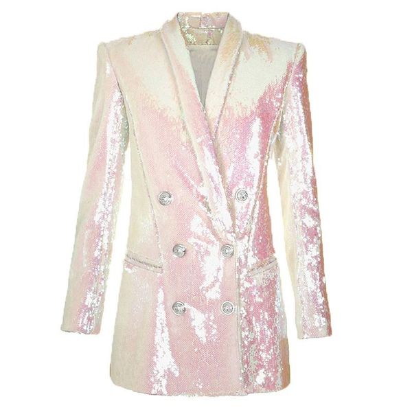 

women's suits & blazers fashion runway 2021 designer elegant sequin blazer women double breasted shawl collar shimmer long jacket, White;black