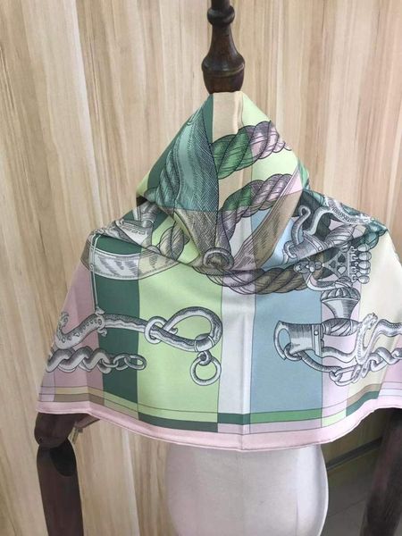 

scarves 2021 arrival winter spring classic chain 100% real silk scarf twill hand made roll 90*90 cm shawl wrap for women lady, Blue;gray