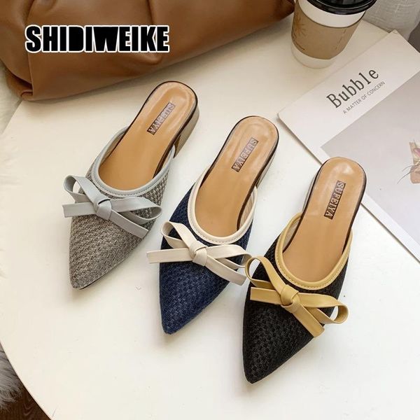 

slippers women pointed toe low heel slide sandals summer bow woven beach shoes woman mules flat va932, Black