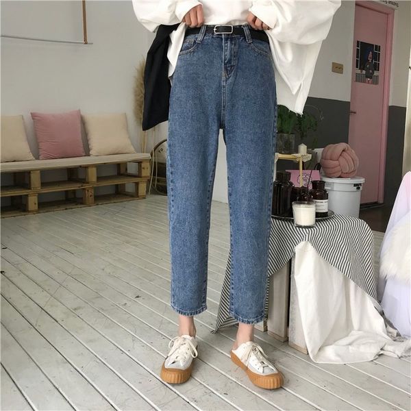 

women's jeans korean version of simple high-waisted slim jeans, women's casual retro clothes with three stitches, x8m3, Blue