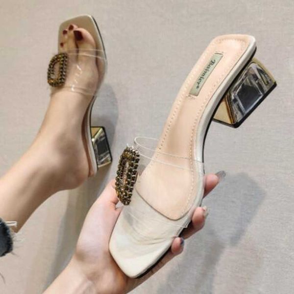 

women slipper summer fashion casual low heel beach slippers female transparent sandals square toe slide sh443 210625, Black
