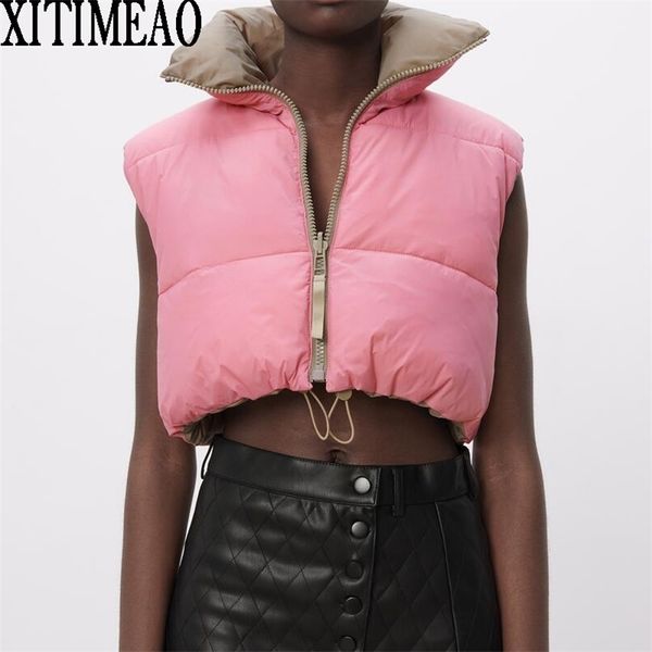 

za women fashion thick warm coat vintage pockets drawstring wear both positive and negative sleeveless cotton vest outerwear 211009, Black;white