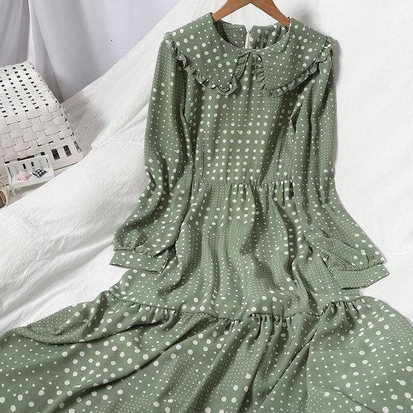 

2021 spring autumn women green/black/beige polka dot elegant peter pan collar long sleeve casual ruffle vestidos female zebv, Black;gray