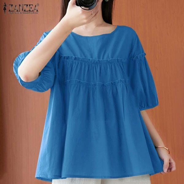 

women's blouses & shirts womens solid loose blouse 2021 summer ruffle blusa feminina casual female fashion short sleeve tunic zanzea vi, White