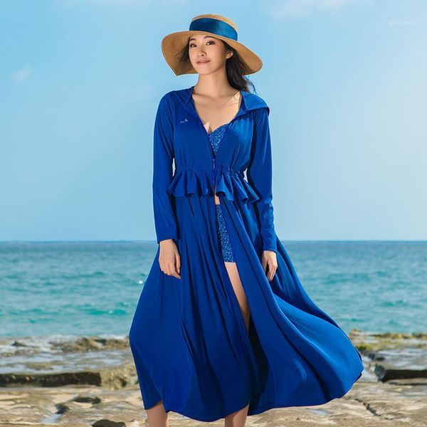 

ohsunny summer fashion sunscreen sun protection long coat hooded washable ruffles adjustable waist beach anti-uv dress for women women', Tan;black