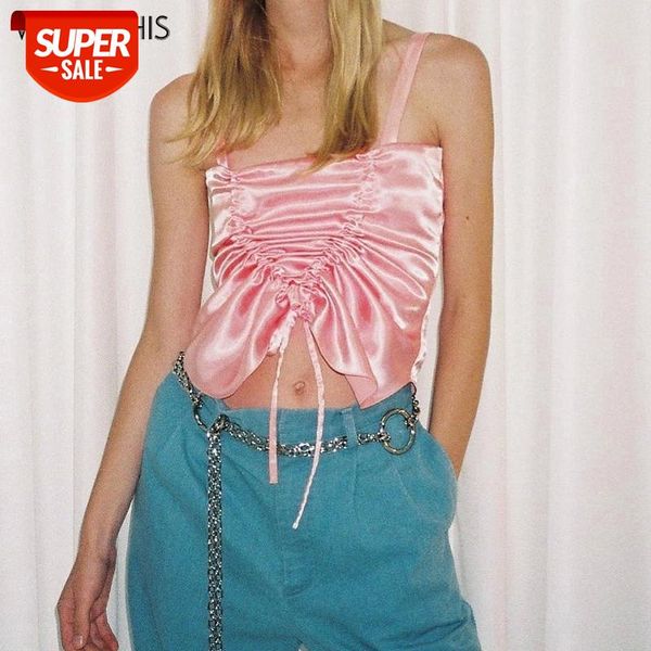 

wannathis satin crop women lace up strap drawstring ruched sleeveless elegant party lady cute pink summer2021 #da2f, White