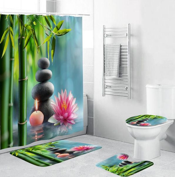 

shower curtains bamboo lotus zen stone bathroom curtain polyester fabric pedestal rug lid toilet cover bath mat set home decor