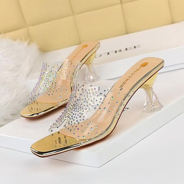 

slippers pvc transparent crystal womens summer square toe ladies strange high heels sandals shoes women zapatos de mujer, Black