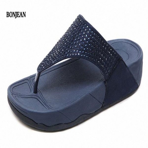 

2020 casual female slippers vacation beach seaside slope with rhinestone thick bottom large size clip feet women's shoes q3hd#, Black