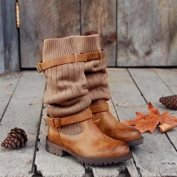 

boots 2021 pu buckle woman mid-calf sock fashion anti-slip walking shoes 3 colors woamn botas mujer1, Black