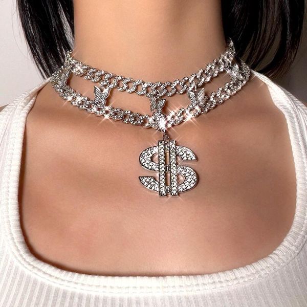 

chains iced out rhinestone paved dollar sign pendent necklaces for women punk hip hop bling cuban chain necklace luxury rock jewelry, Silver