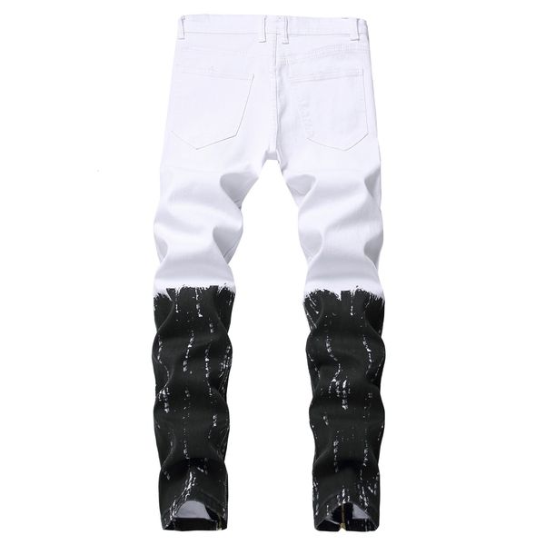

2021 new men's male casual fashion printed zipper white jeans ripped holes painted black sier denim pants trousers tp0r, Blue