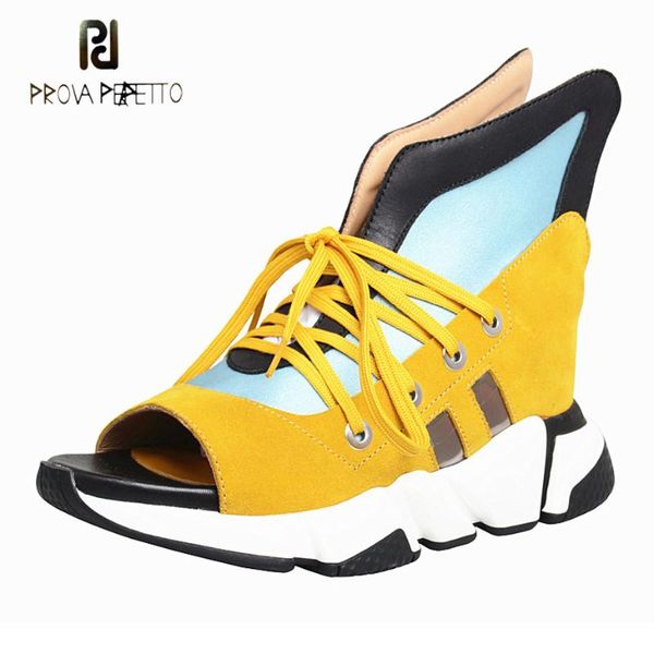 

boots prova perfetto fashion mixed color suede leather summer women peep toe platform flat sneakers sandals wedge heels females, Black