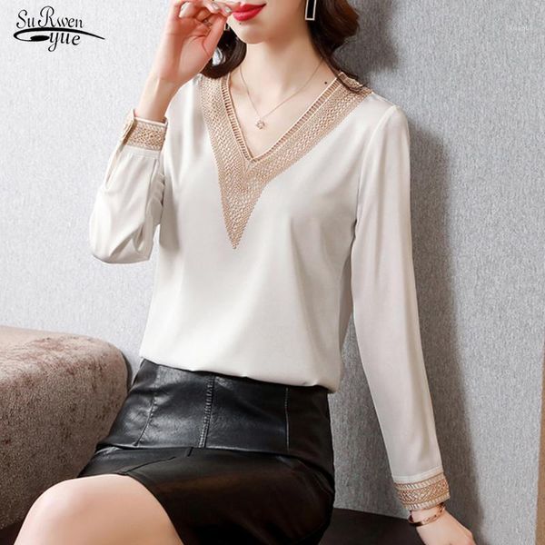 

women's blouses & shirts 2021 casual v neck plus size women long sleeve satin and fashion silk ladies clothing blusas 15865, White