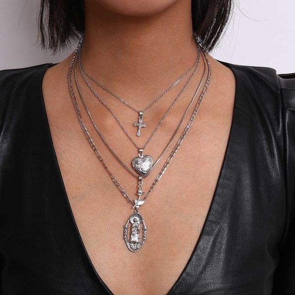

jewelry geometry cross rose personality design open heart portrait necklace, Silver