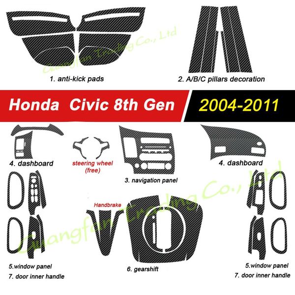 Для Honda Civic 2004-2011 Внутренняя центральная ручка панели управления дверной панель 3D/5D наклейки на углеродные волокны наклейки