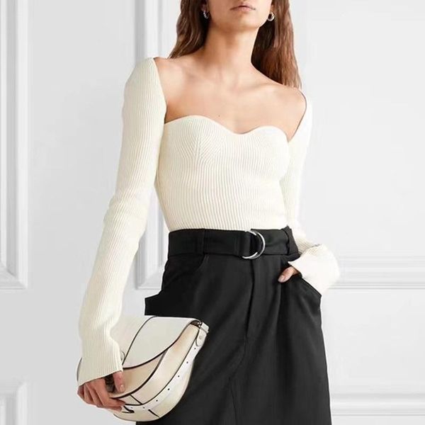 

2021 new spring summer fashion women clothes cashmere square collar long sleeves elastic high waist pullover vacation party, White;black