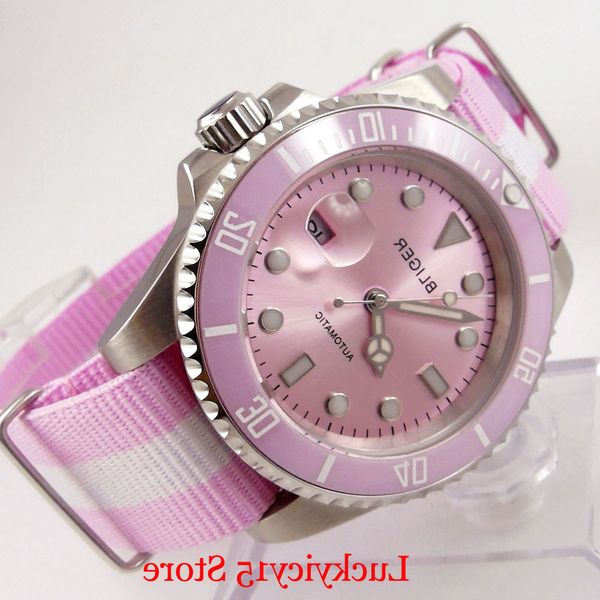 

bliger pink self winding men watch sapphire glass nylon strap date window rotating bezel miyota movement, Slivery;brown