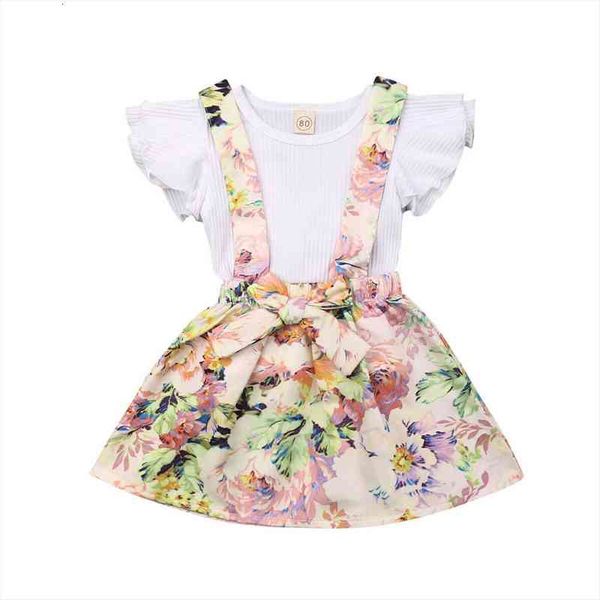 

summer kids baby girls clothes 2pcs sets ruffles sleeve white t shirt floral suspender dress outfits
