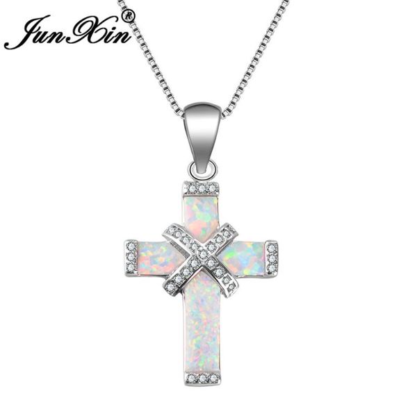 

pendant necklaces junxin 2021 brand design women cross necklace white fire opal & pendants fashion silver color jewelry