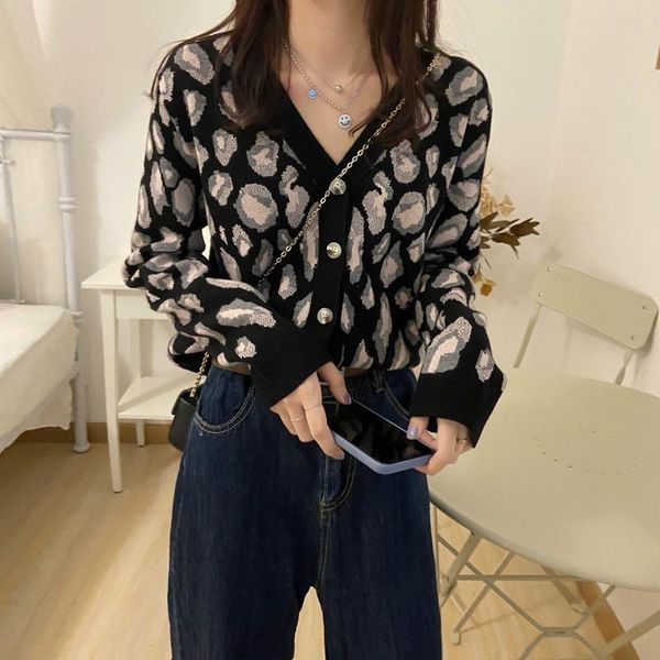 

women's knits & tees 2021 fall and winter outerwear jacket knitwear long sleeve base short leopard print all-match coffee sweater cardi, White